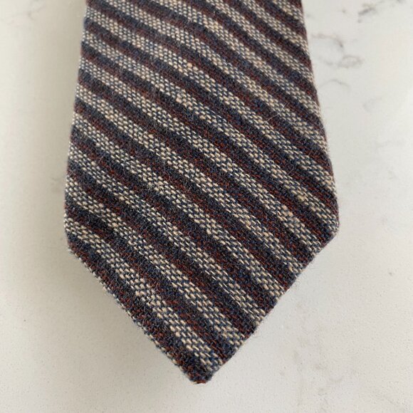 Harry Rosen Woven Textured Striped Wool Silk Blend Tie Tan Burgundy Blue Sz OS - Picture 3 of 7